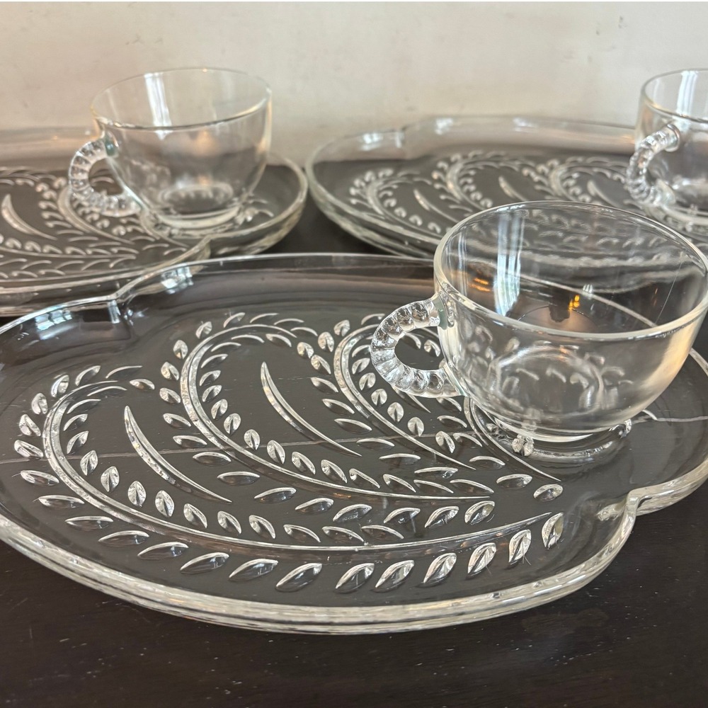 Vintage Federal Glass | Homestead | Snack Set 3 Plates 3 Cups Pressed Glass MCM